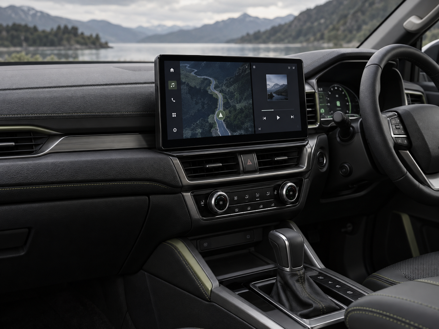 Illustrative car multimedia touchscreen installed in a dashboard