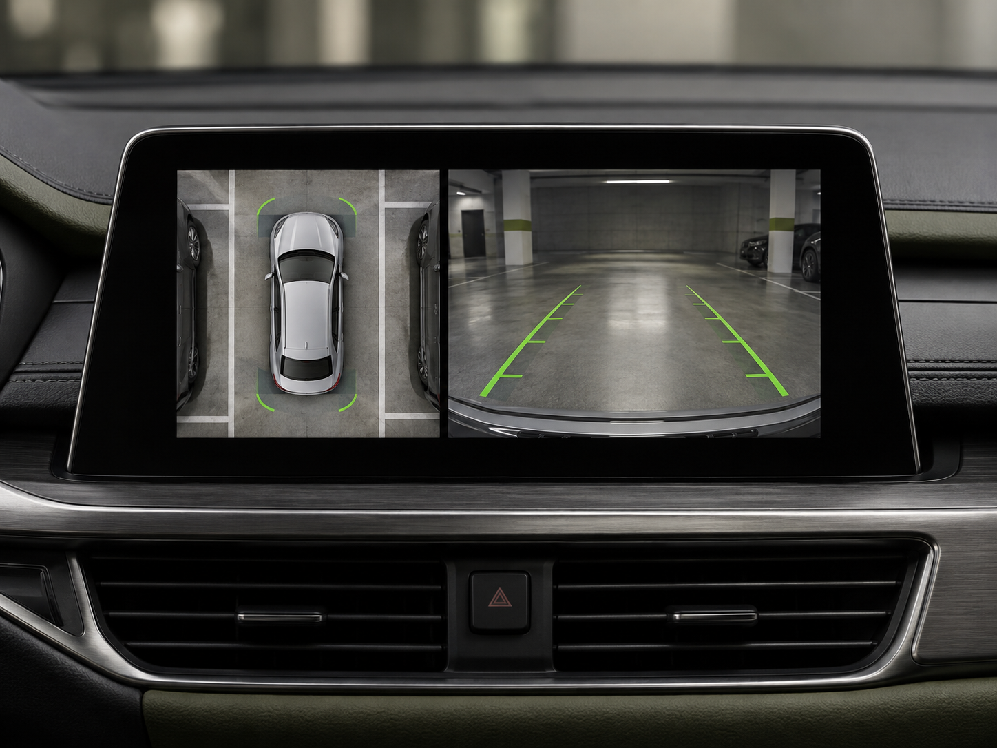 Illustrative bird-eye and rear parking camera display